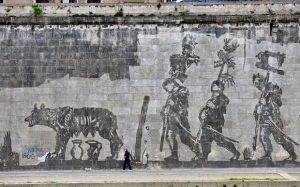 Rome, 21 March, 2016 - Giant figures by South African artist William Kentridge etched onto the embankment of the Tiber and due to be presented in an inauguration on 20th April. Picture by Chris Warde-Jones